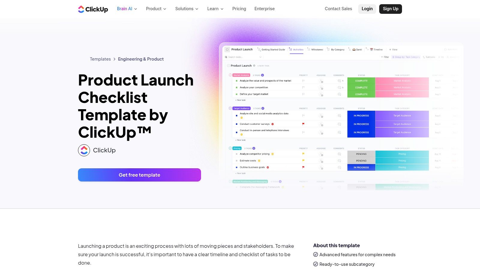 ClickUp's product launch checklist template showing a task list with statuses, assignees, and priorities.