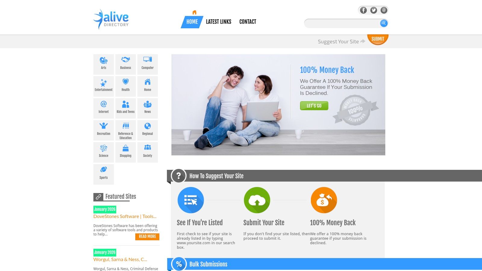 A screenshot of the Alive Web Directory homepage, showcasing its simple layout and category navigation.