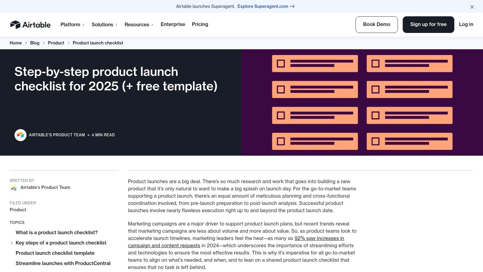 Airtable's product launch checklist template showing a task list with statuses, assignees, and priorities.