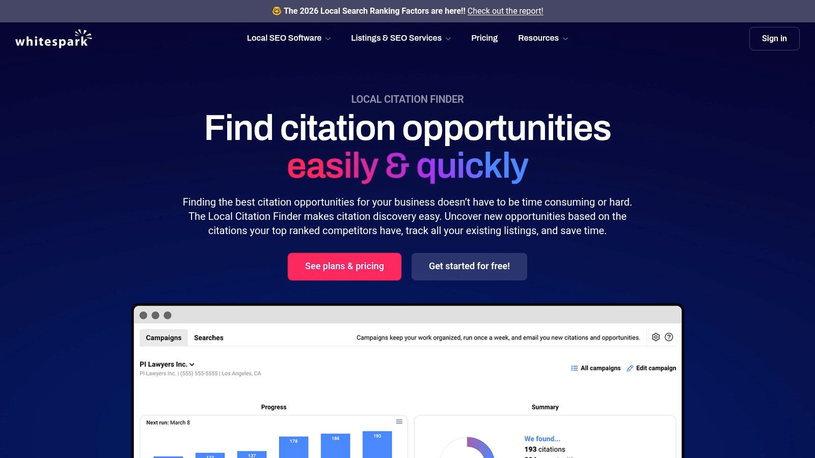 A screenshot of the Whitespark Local Citation Finder tool, showing citation opportunities for a local business with domain authority and submission status.