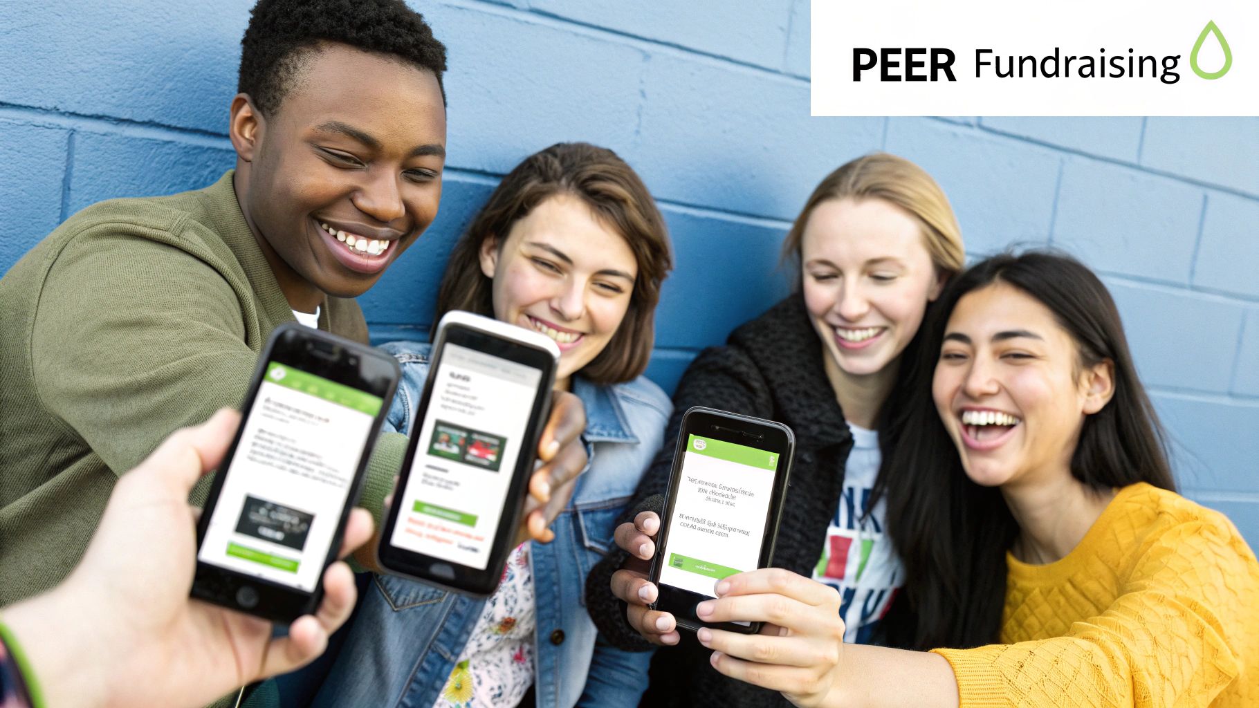 A group of friends smiling, representing a peer-to-peer fundraising team.