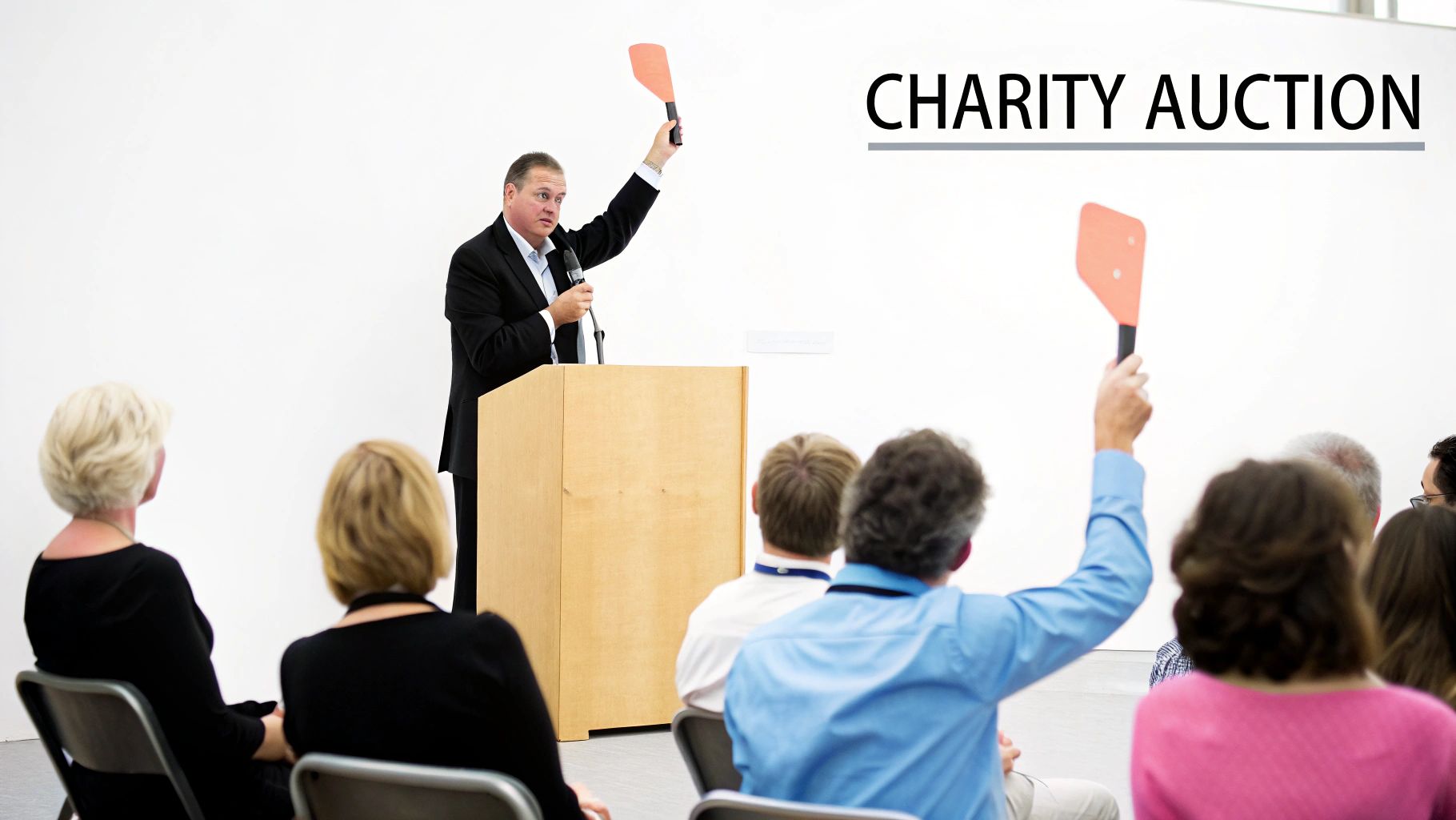 A group of people at a charity auction, with one person holding up a bidding paddle.