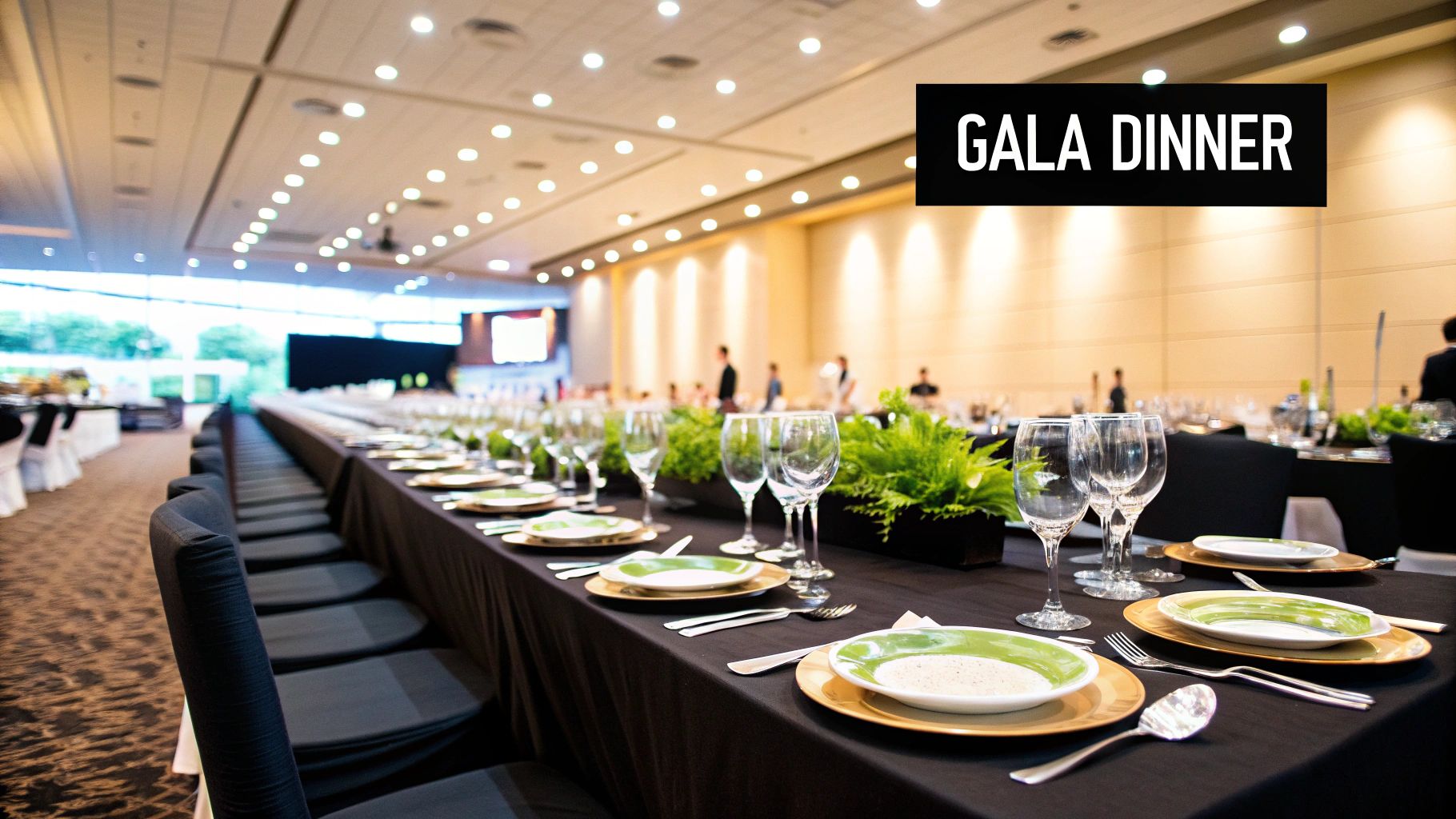 A group of elegantly dressed people at a charity gala dinner, seated at a round table.