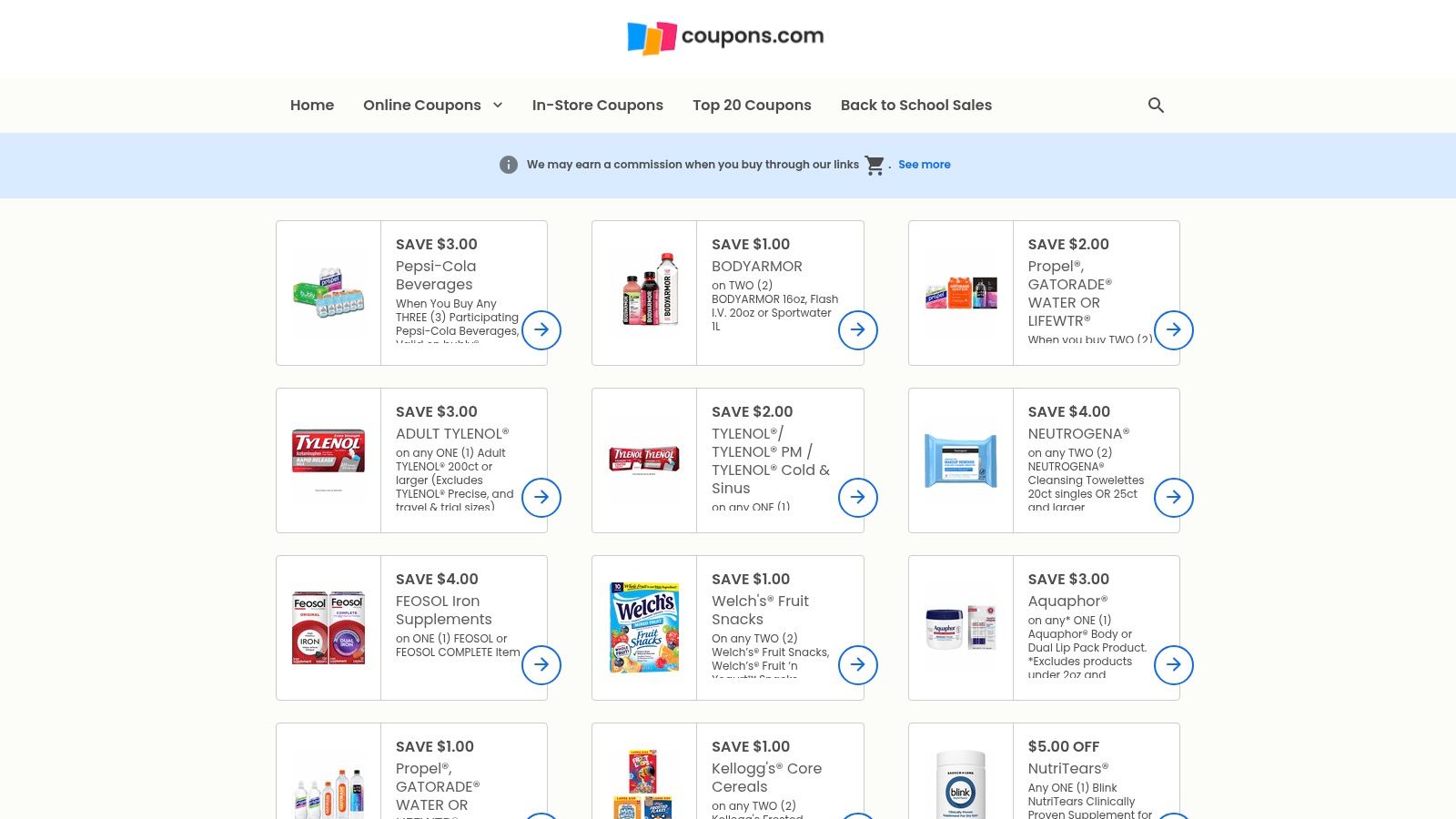 Coupons.com website showing a grid of available coupons