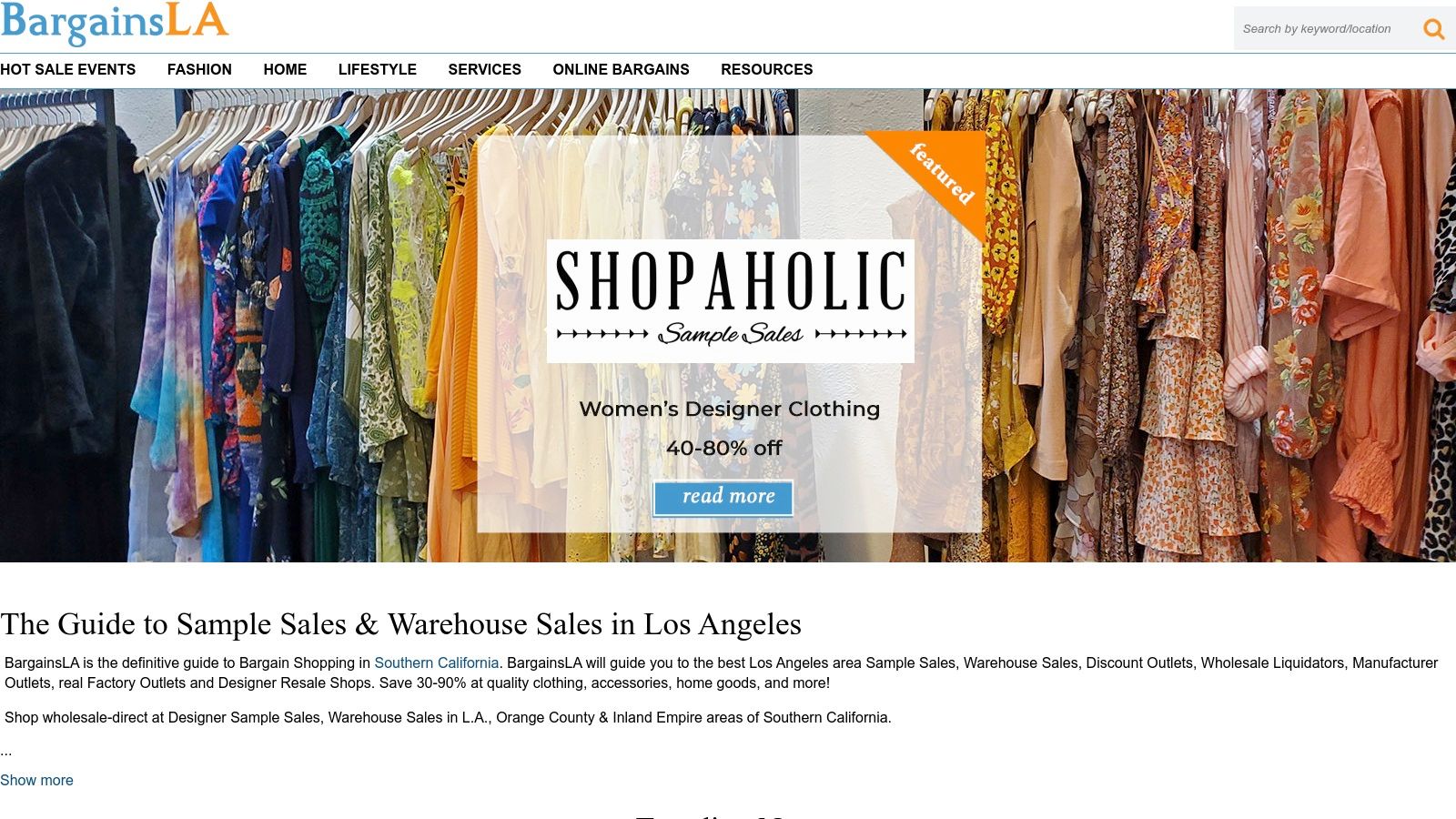 BargainsLA website screenshot showing a list of sales events