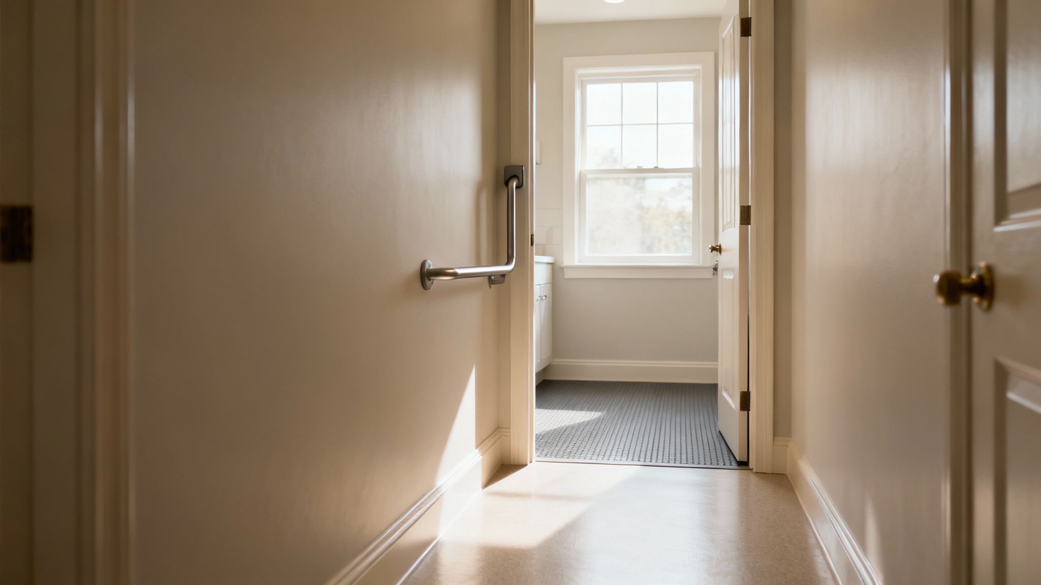 A safe and well-lit hallway in an Arlington home, adapted for a senior using a walker.