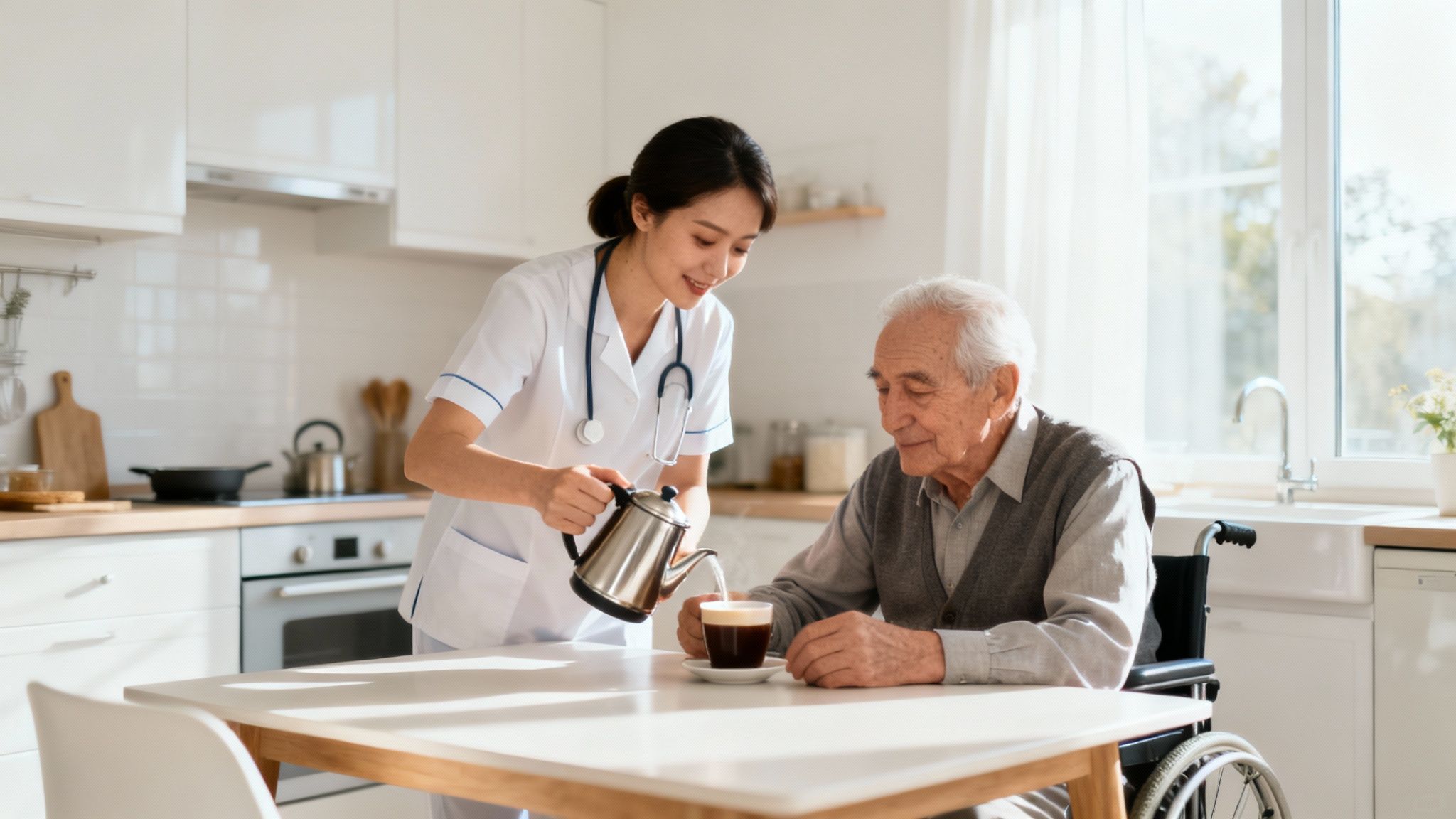 Veteran and his caregiver from Caring Senior Service of Arlington enjoy a walk outside.