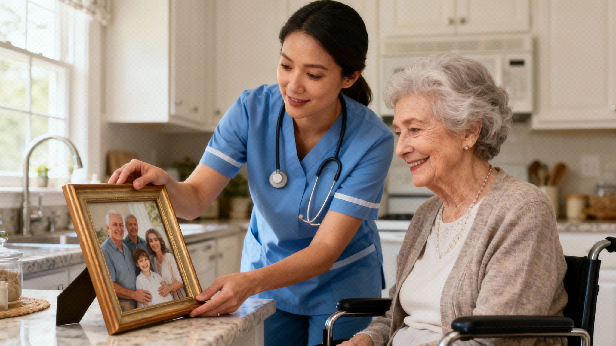 A caring caregiver assists a senior woman in her home in Arlington, VA.