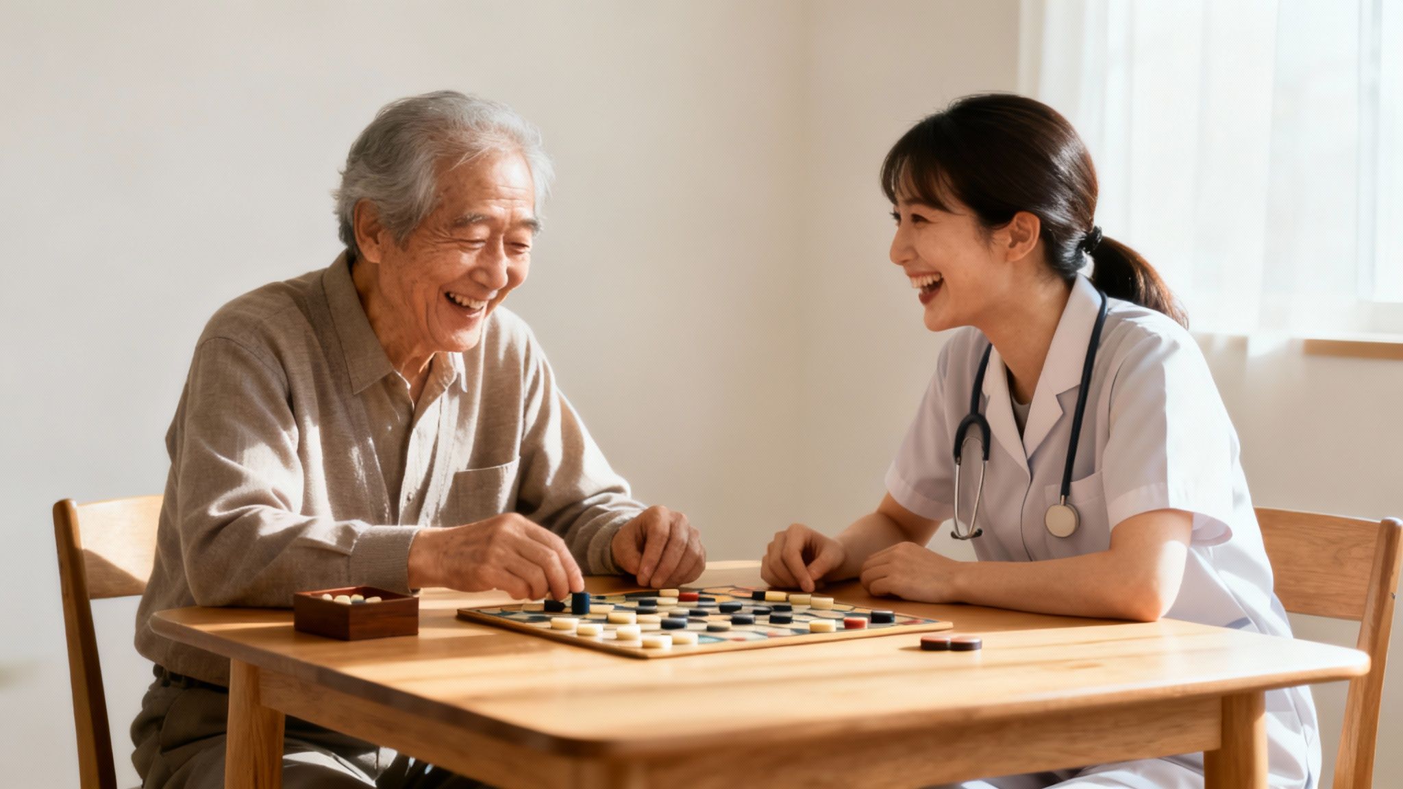 A compassionate caregiver shares a laugh with a senior woman in her Falls Church living room