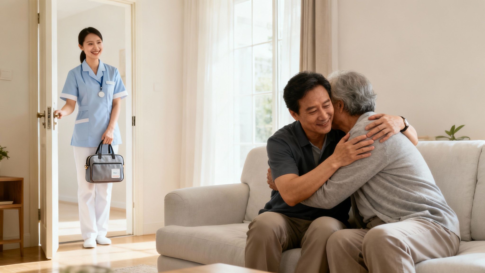 Smiling nurse with medical bag enters a home, while two elderly men hug on a sofa.