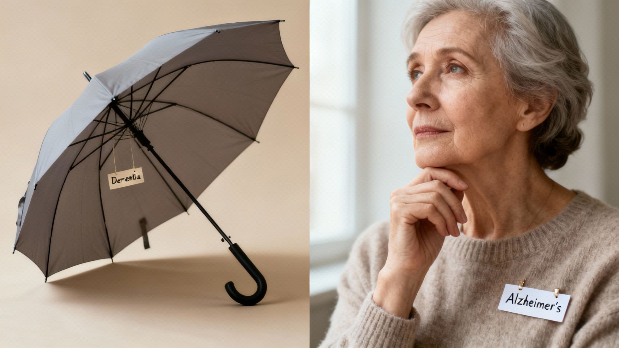 An umbrella labeled 'Dementia' next to an older woman wearing an 'Alzheimer's' nametag.