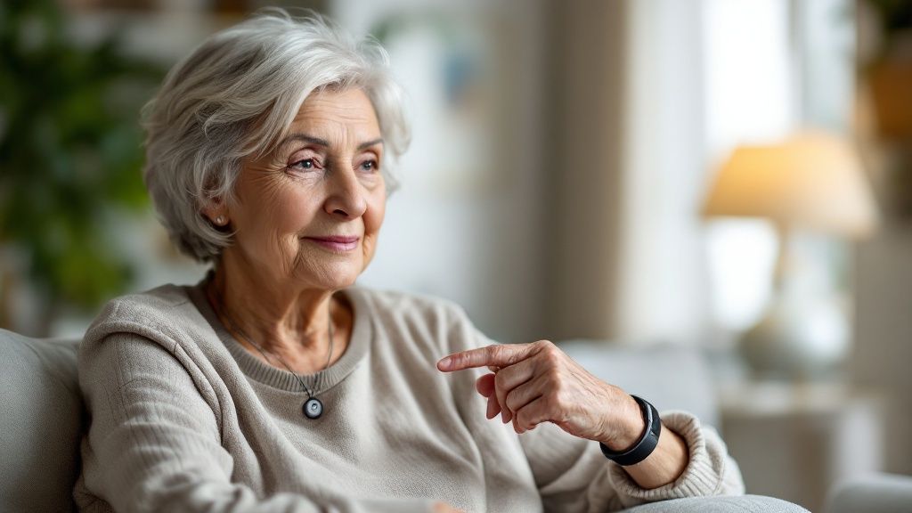 A senior woman using a medical alert device pendant to call for help.