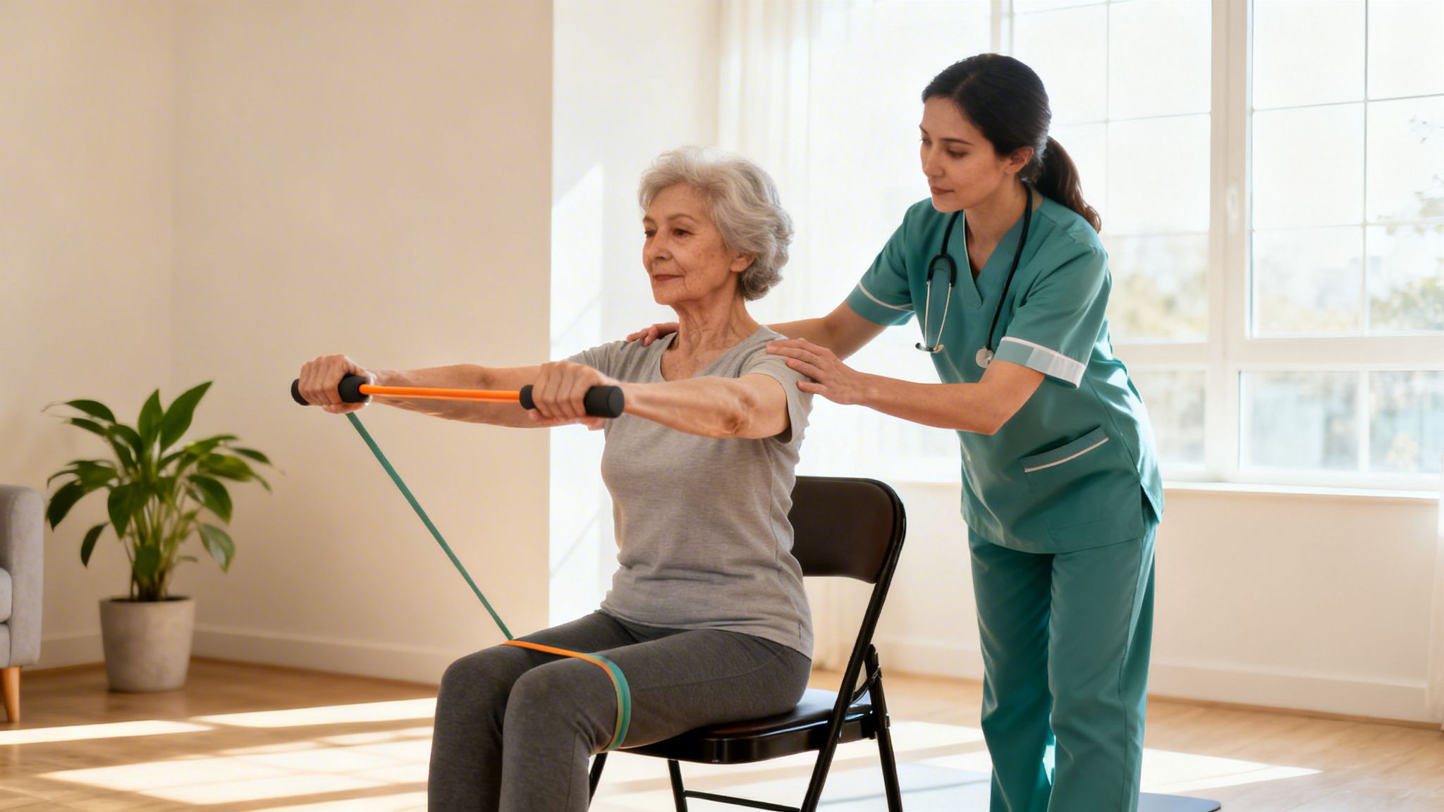 A nurse helps an elderly woman perform seated resistance band exercises for physical therapy.