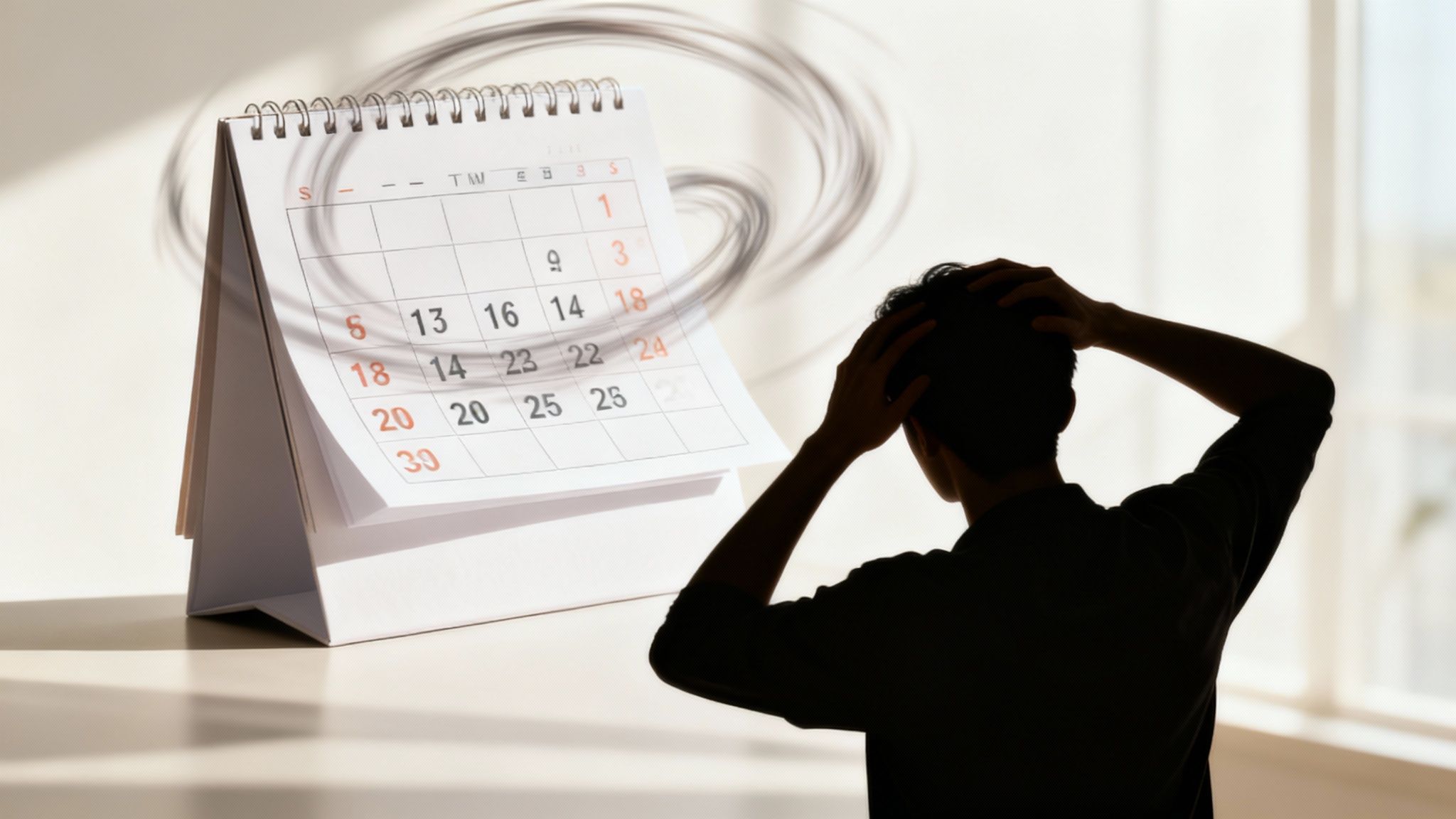 A senior man looking at a wall calendar with a confused expression, depicting disorientation.
