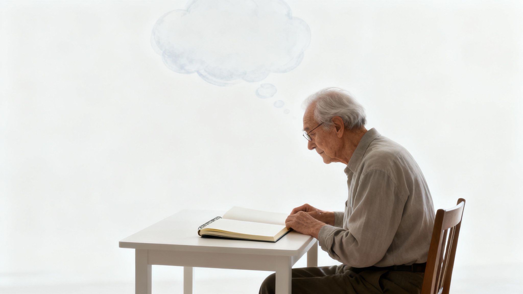 A senior woman looking thoughtfully out a window, representing contemplation and memory.