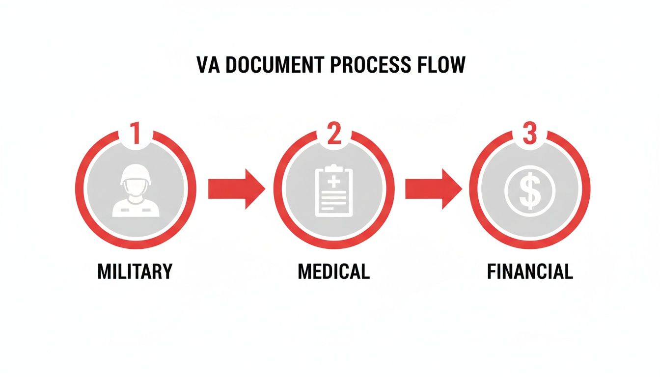 A flowchart titled 'VA Document Process Flow' illustrating three steps: Military, Medical, and Financial.
