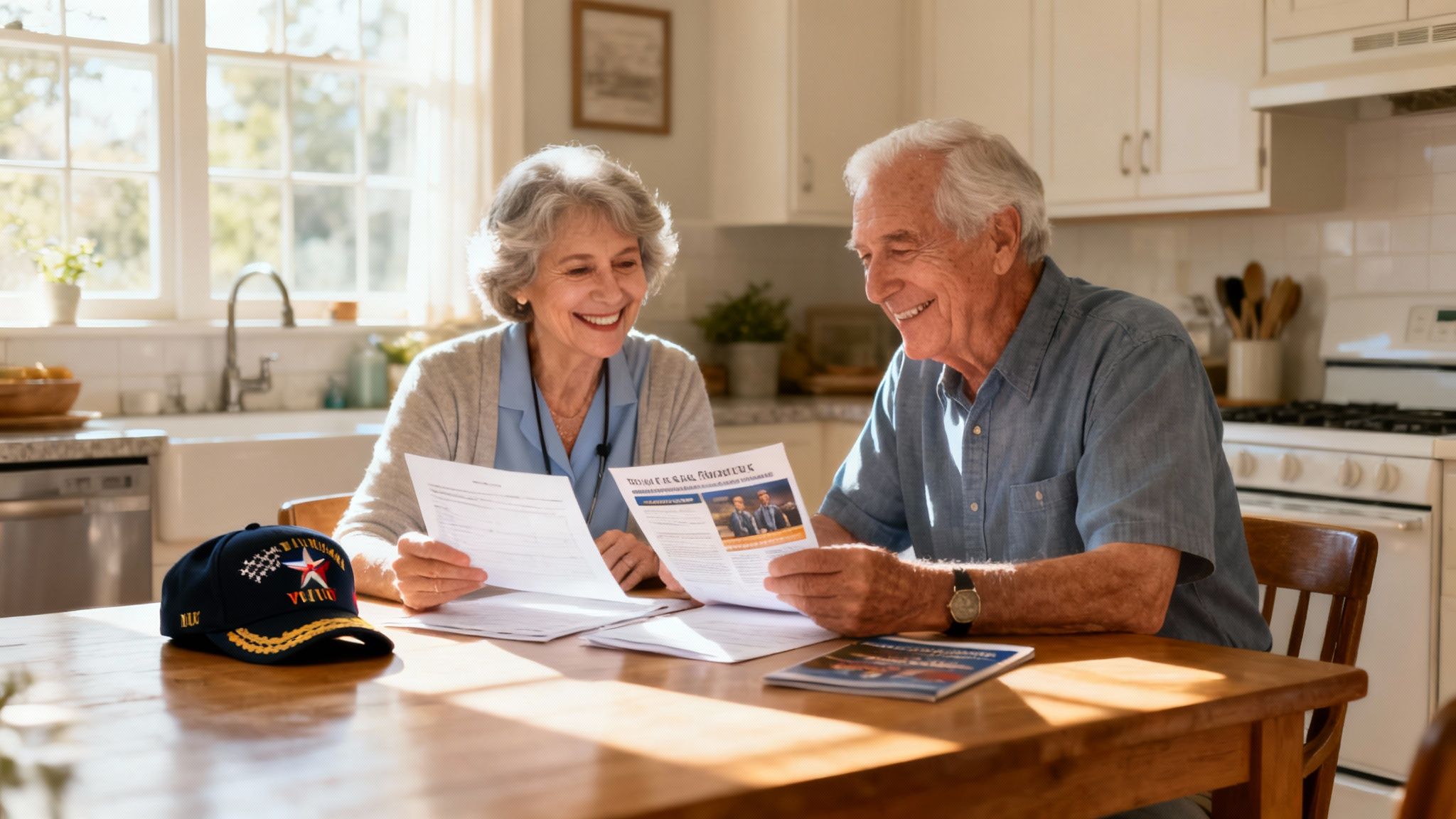 A happy senior veteran couple reviewing documents and smiling at their kitchen table.