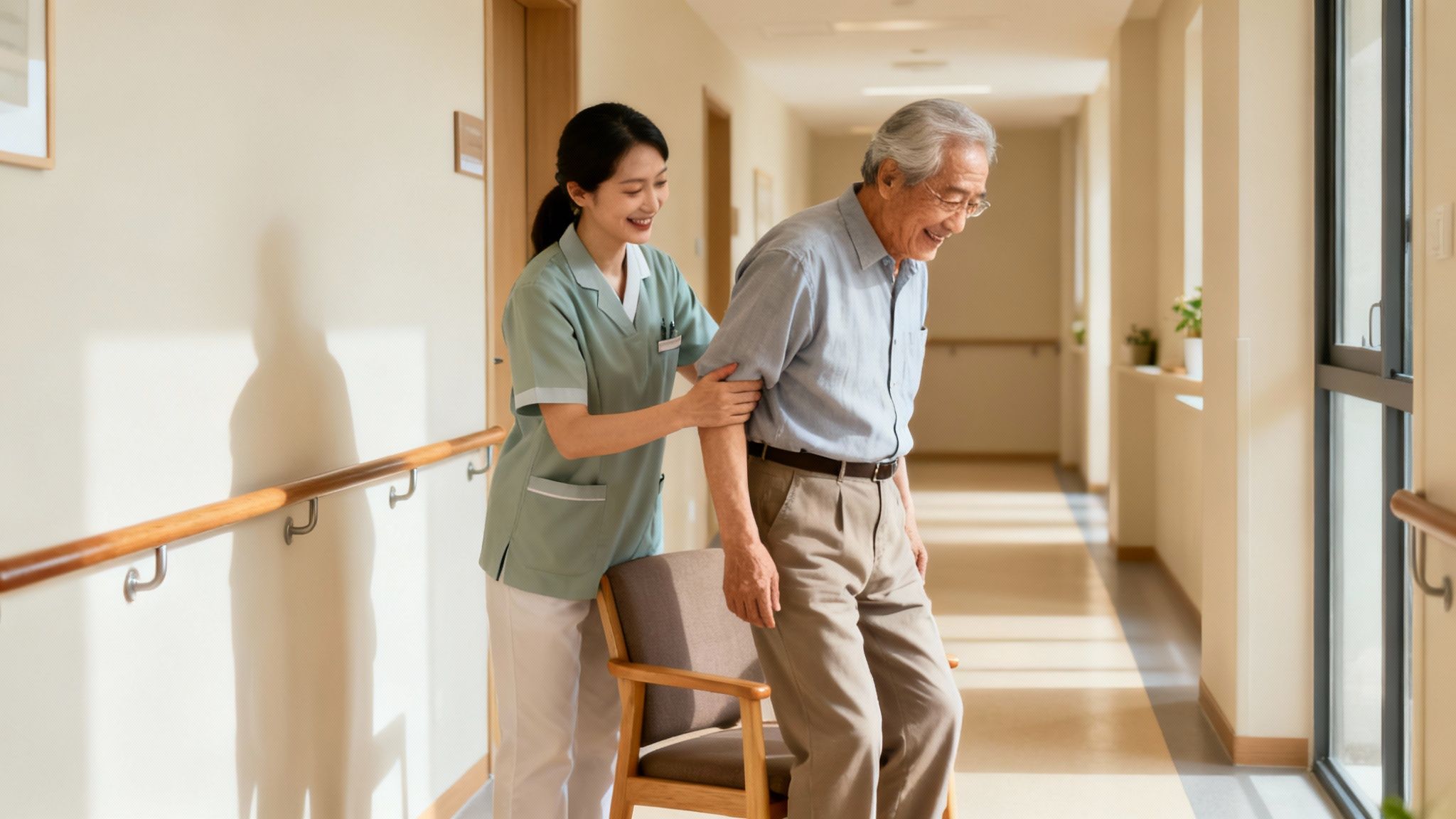 A cheerful nurse assists an elderly Asian man to stand up from a chair in a bright hospital hallway.