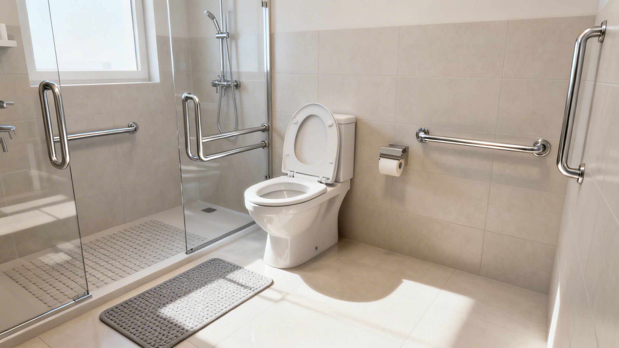 Accessible bathroom with grab bars, toilet, shower, and non-slip mats for safety.