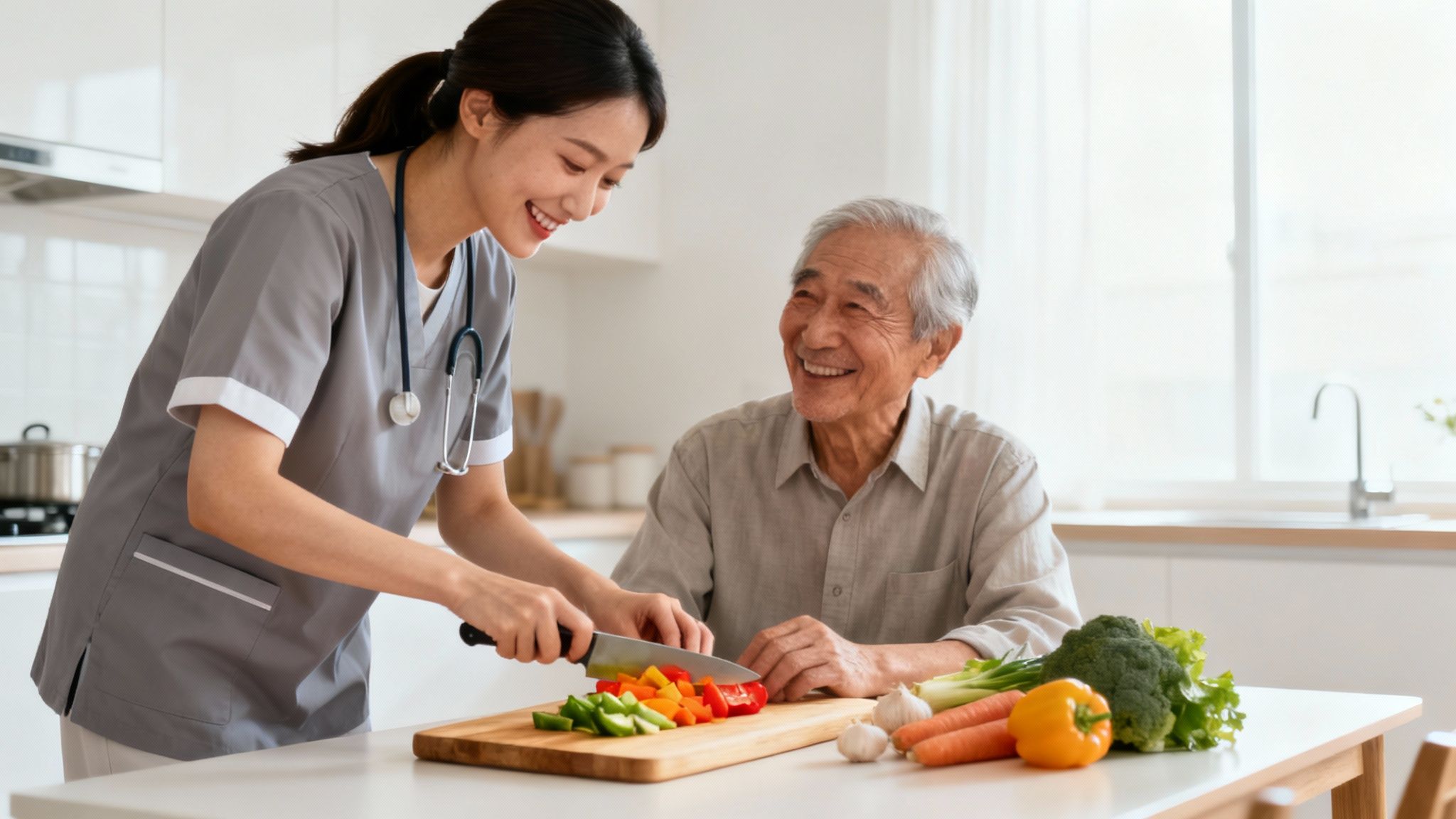 A caregiver and senior share a warm moment while preparing a meal in an Arlington VA kitchen