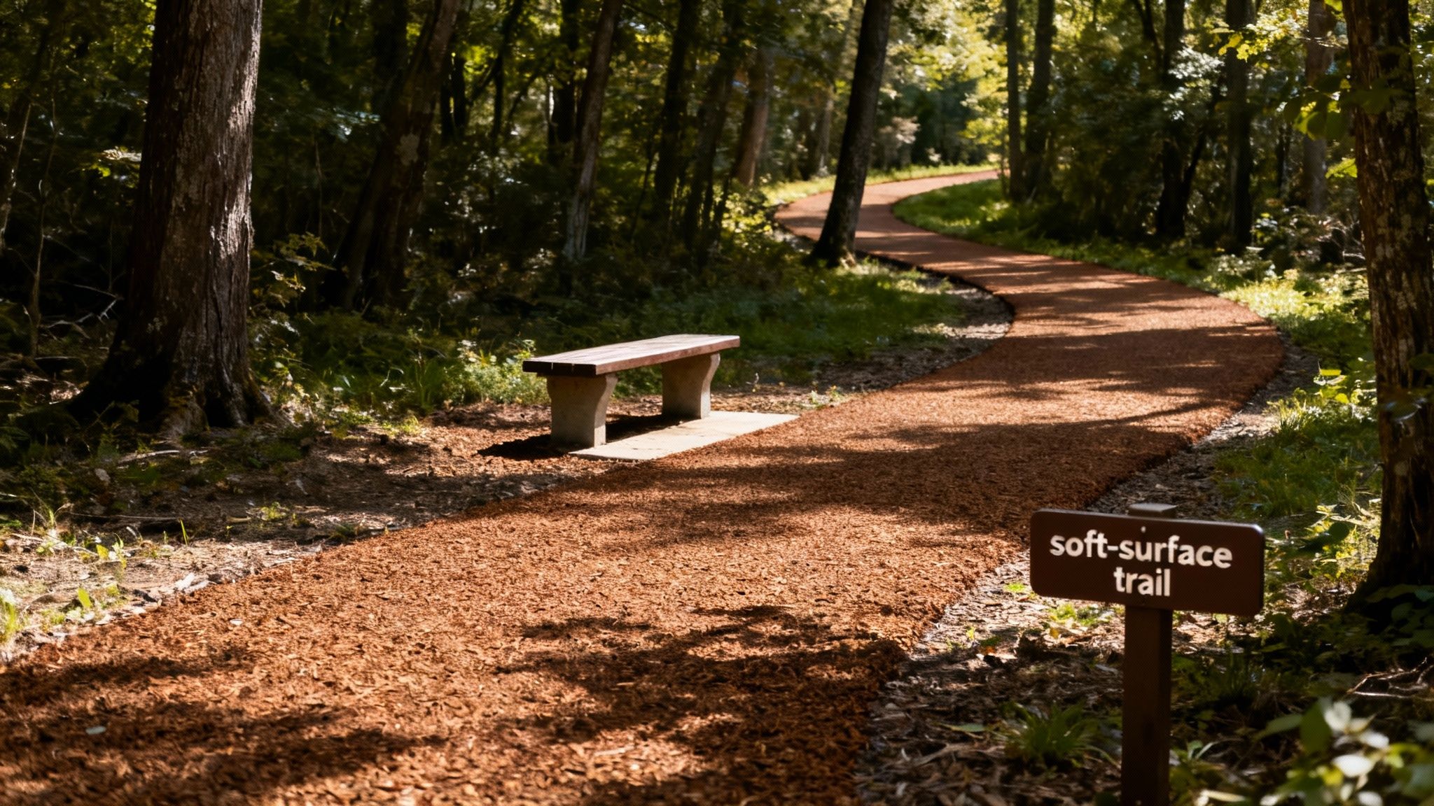 Soft surface trail with wooden bench winding through peaceful wooded forest area for senior walking
