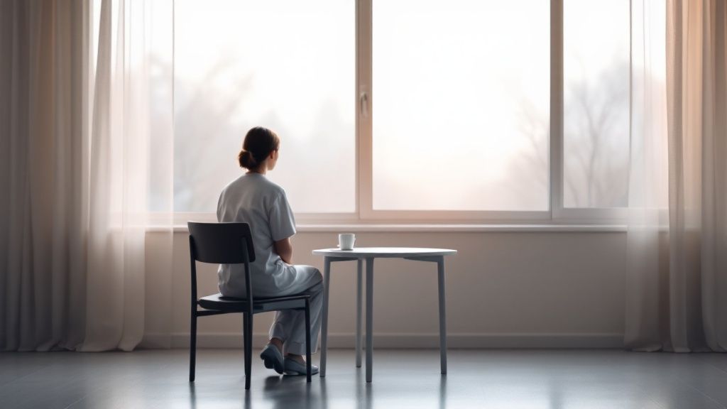 A caregiver looking out a window, appearing isolated and alone.