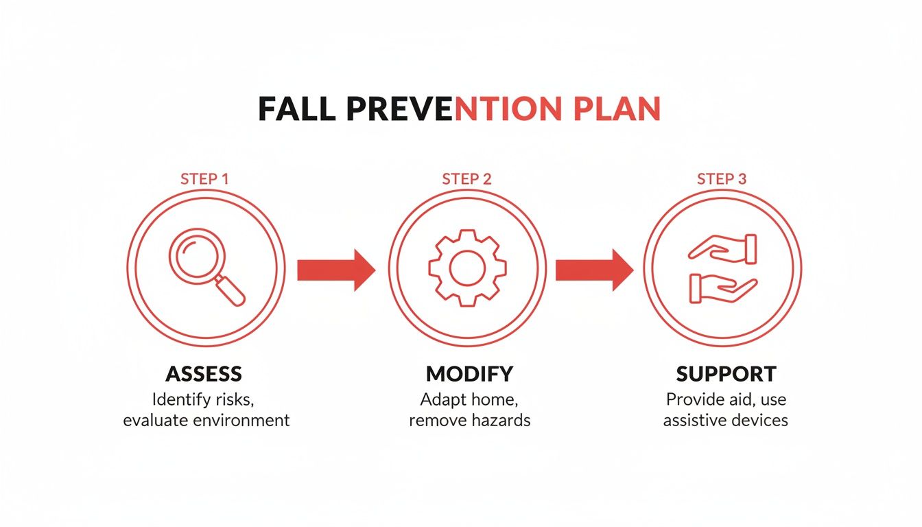 Flowchart illustrating a three-step fall prevention plan: assess, modify, and support.