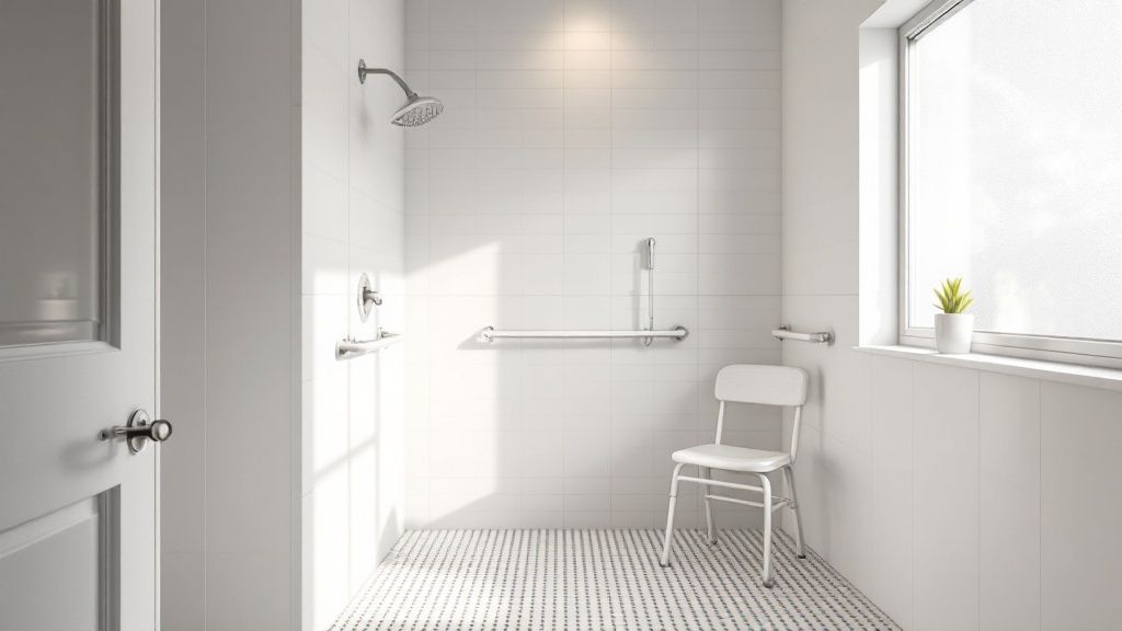 A senior-friendly bathroom with a walk-in shower, grab bars, and a shower chair in an Arlington VA home.