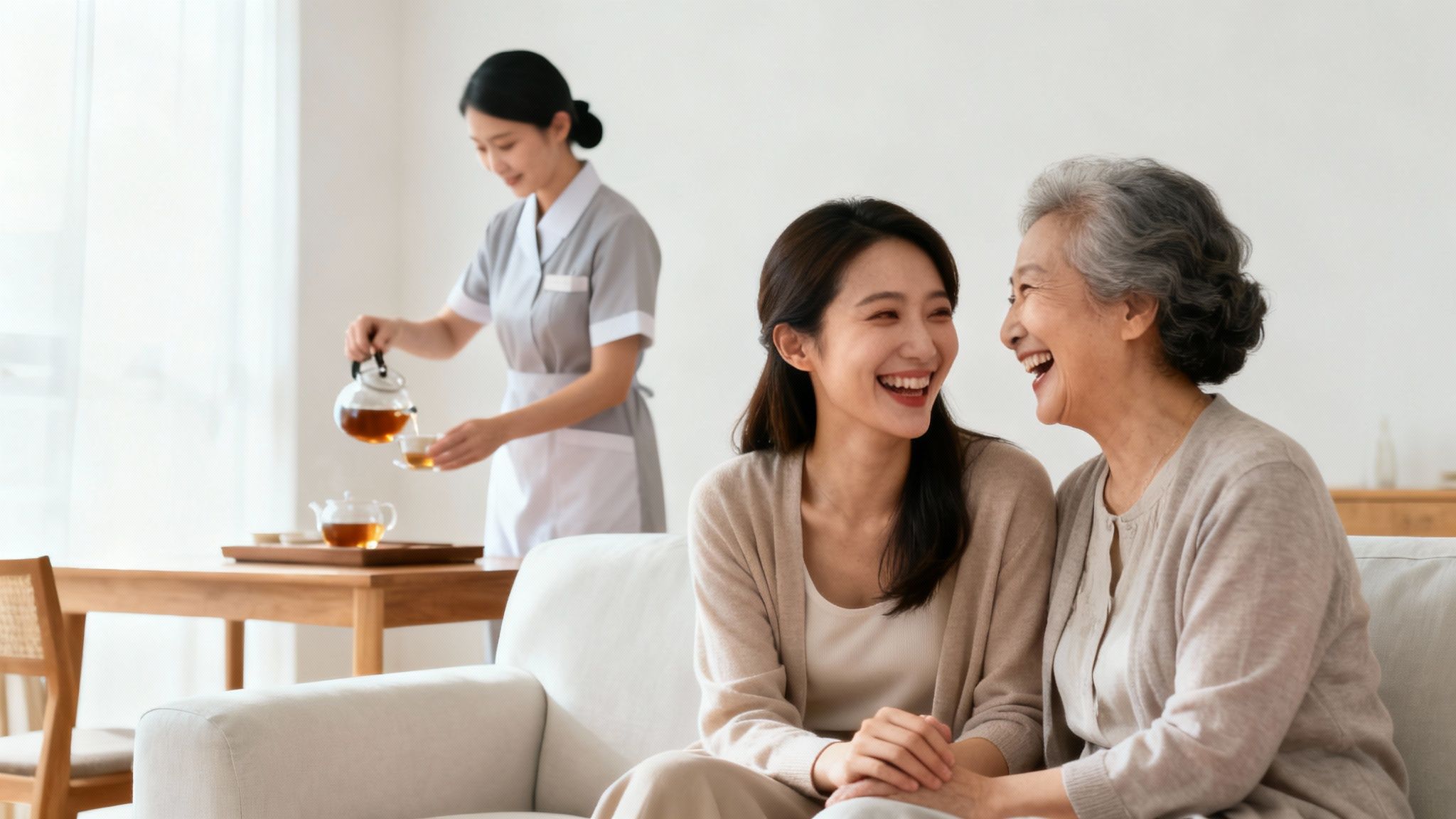 A caregiver pours tea for two happy Asian women laughing on a sofa at home.