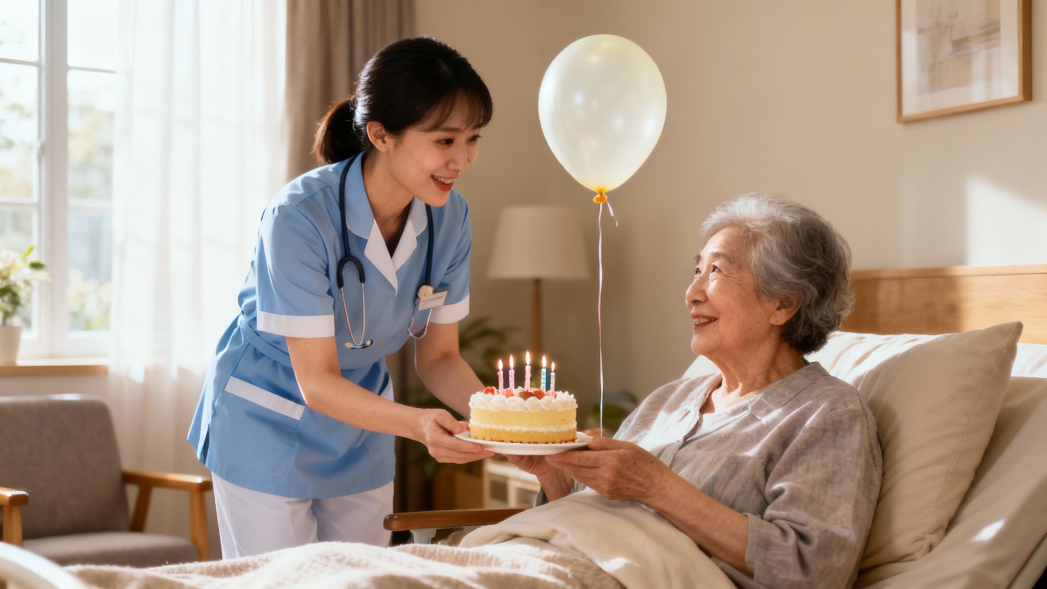 A caregiver and senior client laughing together while looking at a photo album, representing personalized care.