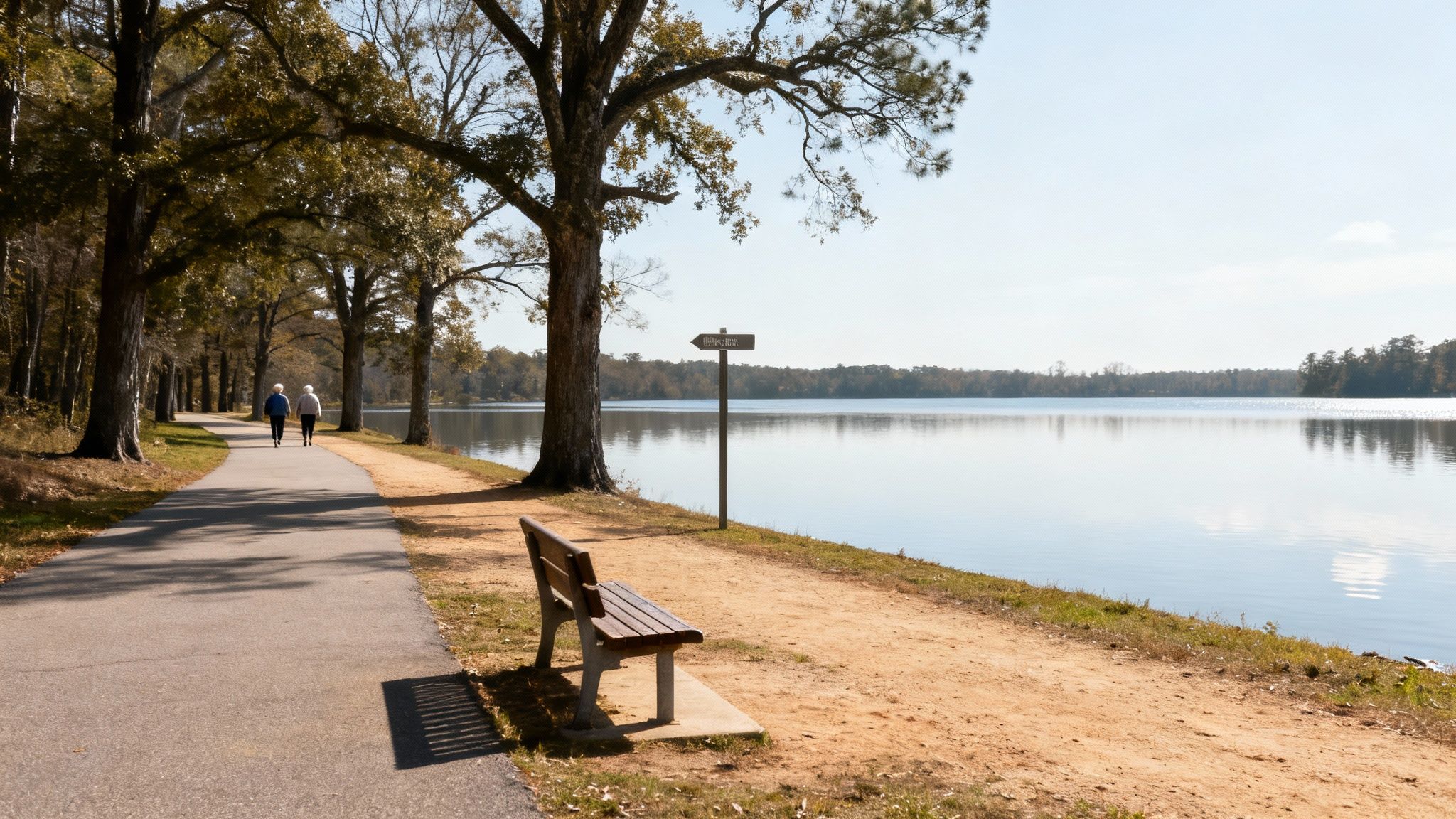 Peaceful paved walking trail beside calm lake with bench and trees, ideal for seniors
