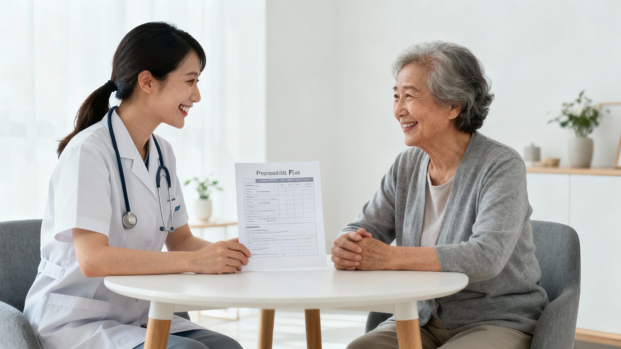 A friendly caregiver assisting a senior woman with her tablet computer at a dining table.