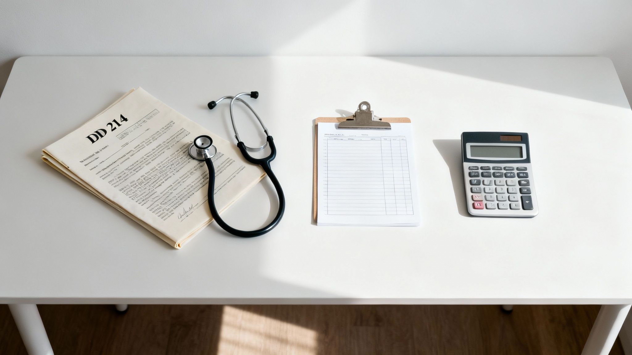 A flat lay of medical and administrative items on a white desk, including a DD 214 form, stethoscope, clipboard, and calculator.