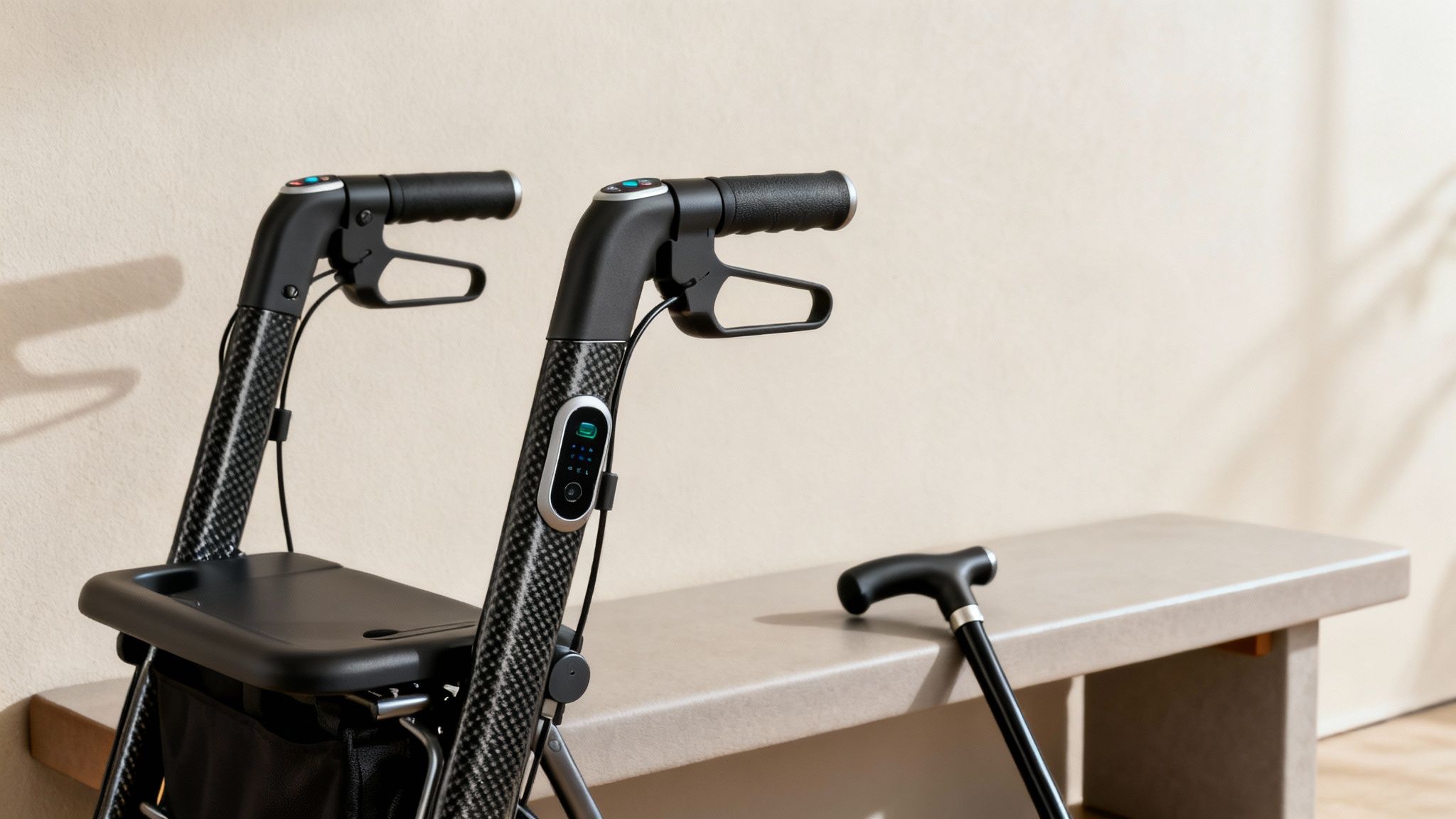 A modern, lightweight rollator being used by a senior in a bright and clean home environment.