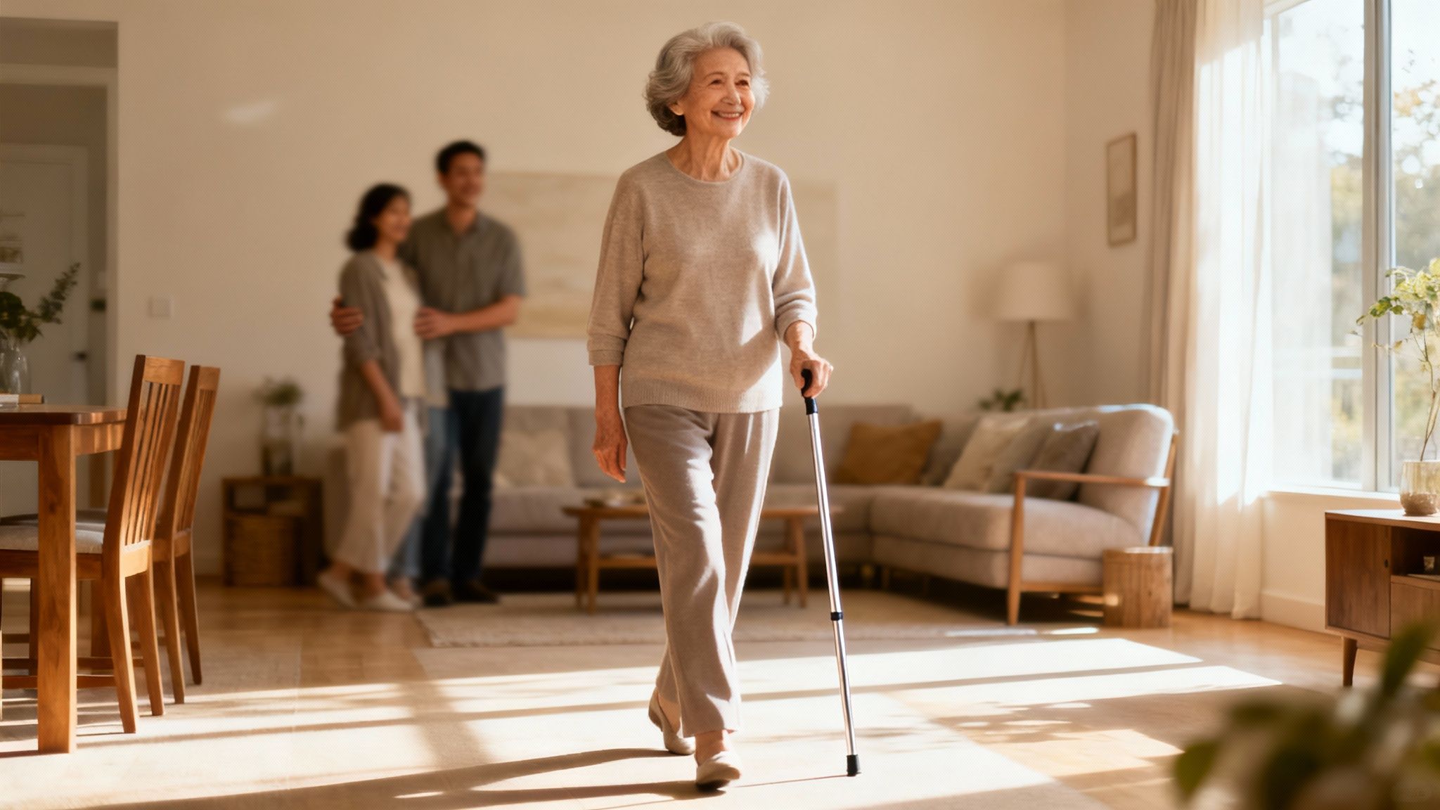 Caregiver assisting a senior with a walker in an Arlington, a VA home.