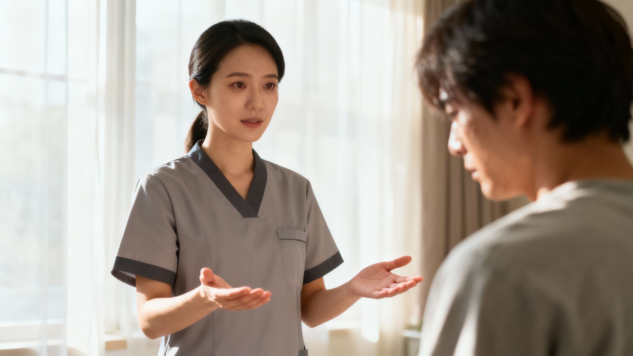 A caregiver calmly speaks with a senior client, illustrating a de-escalation technique.