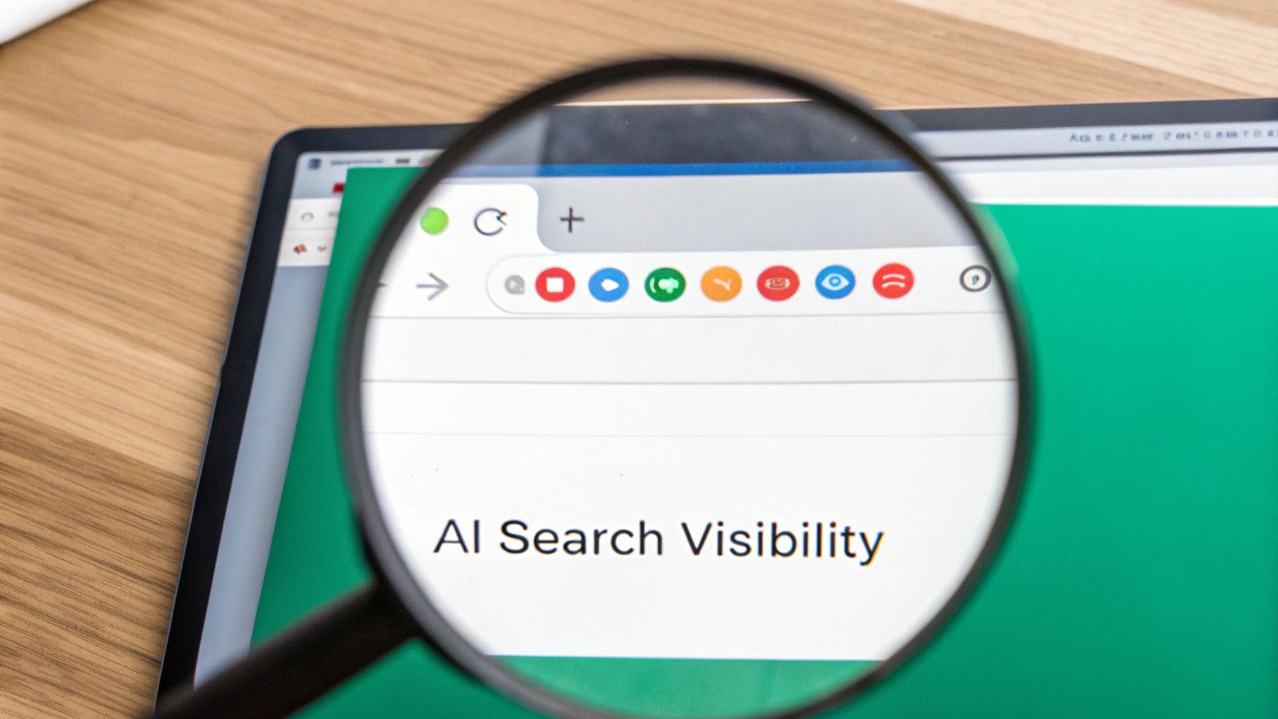 A magnifying glass highlights 'AI Search Visibility' on a laptop screen with browser tabs.