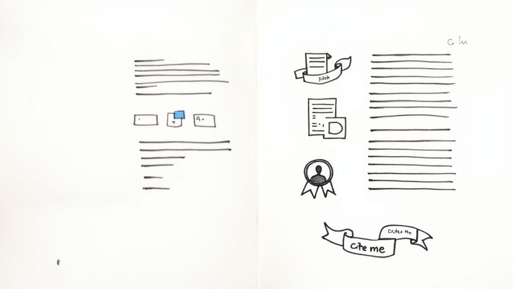 Hand-drawn UI sketch featuring text lines, input boxes, document icons with 'Fitch', user badge, and 'Cite me' banners.