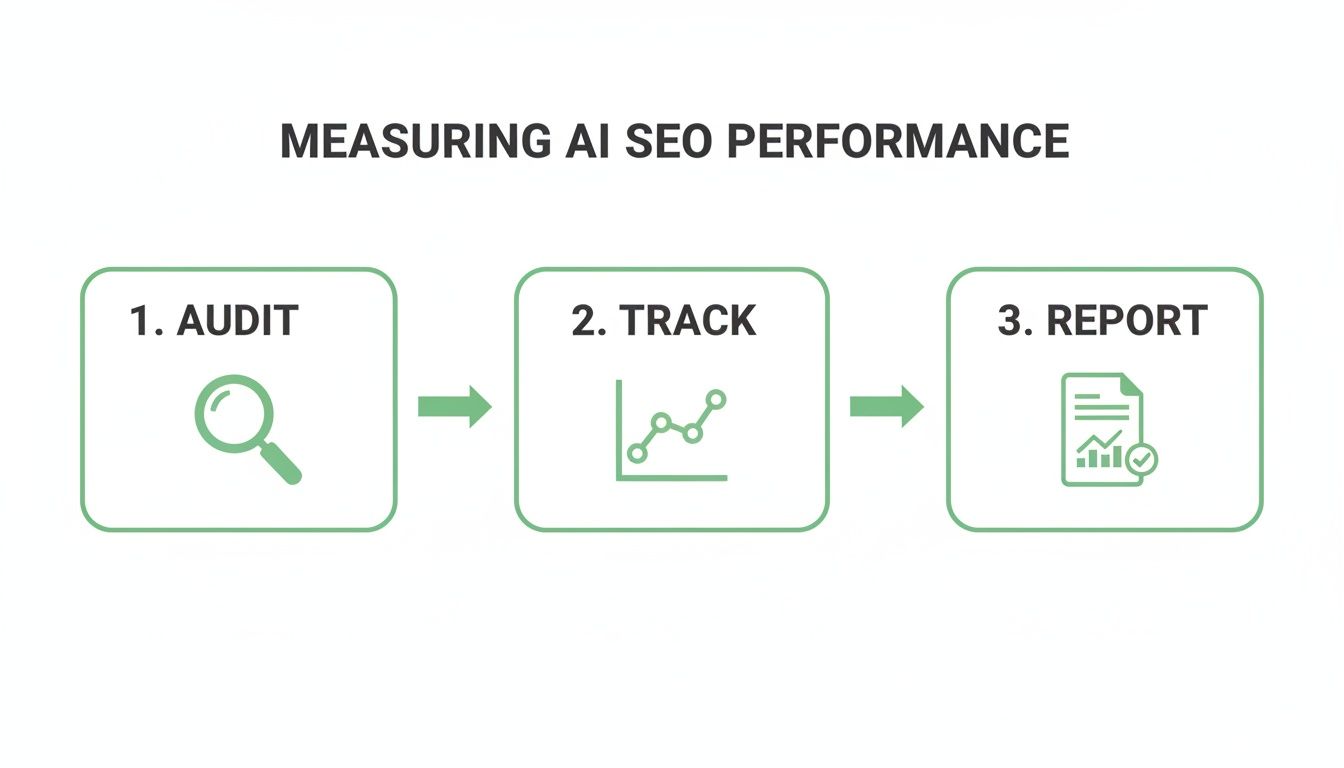 Infographic outlining three steps to measure AI SEO performance: Audit, Track, and Report.