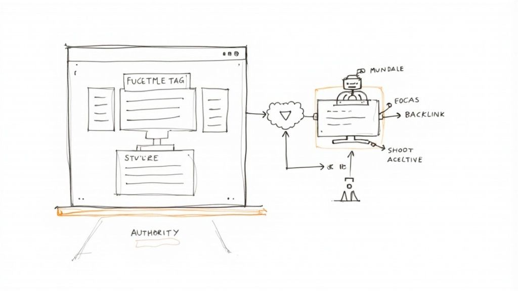 Hand-drawn diagram illustrating website structure, title tags, content, and external SEO elements like backlinks and authority metrics.