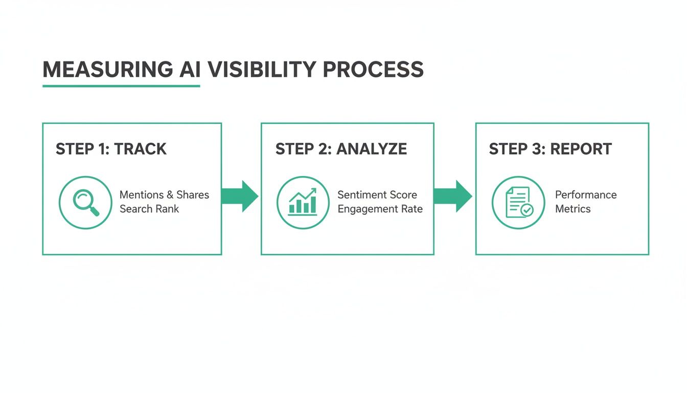 A three-step process for measuring AI visibility: track mentions, analyze sentiment, and report performance.