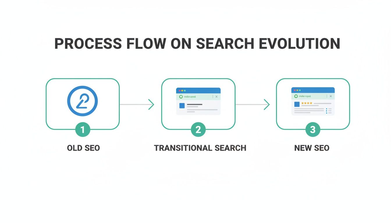 Process flow illustrating the evolution of search engine optimization from old SEO to new, feature-rich SERPs.