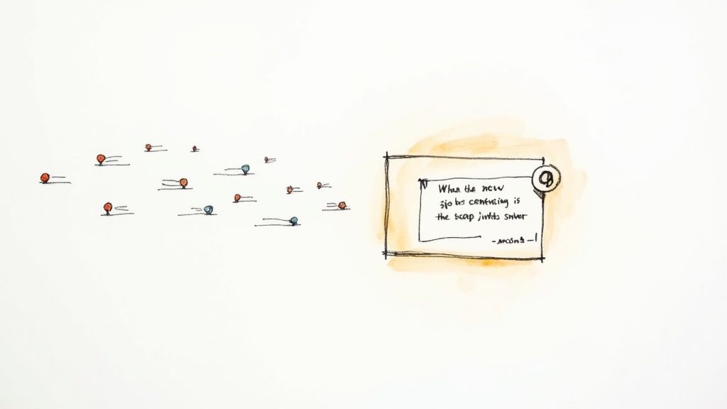 Abstract illustration with moving red and blue pins and a framed handwritten quote.