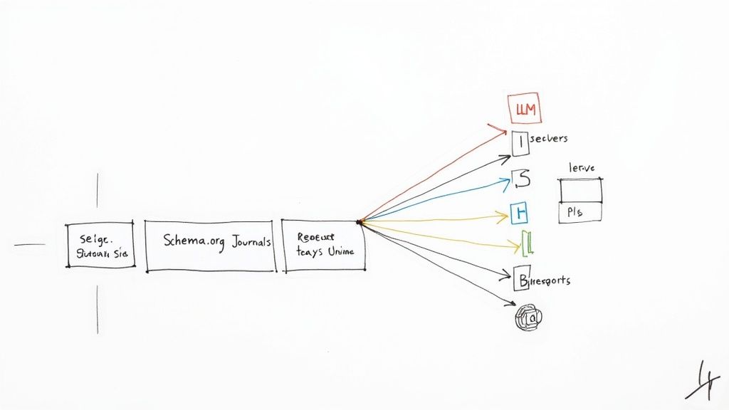 A hand-drawn system diagram showing data flow from journals through a central node to various services, including LLMs.