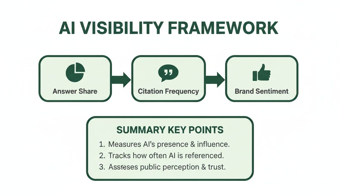 AI Visibility Framework diagram showing Answer Share, Citation Frequency, and Brand Sentiment, with key points summary.