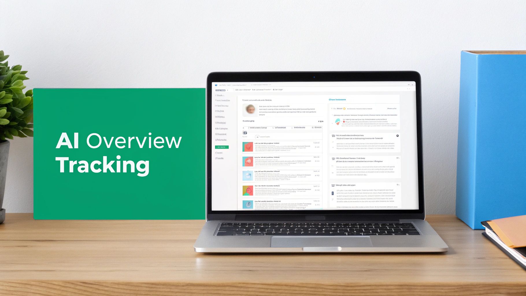 Laptop displaying an AI overview dashboard with data, next to a green sign saying 'AI Overview Tracking'.
