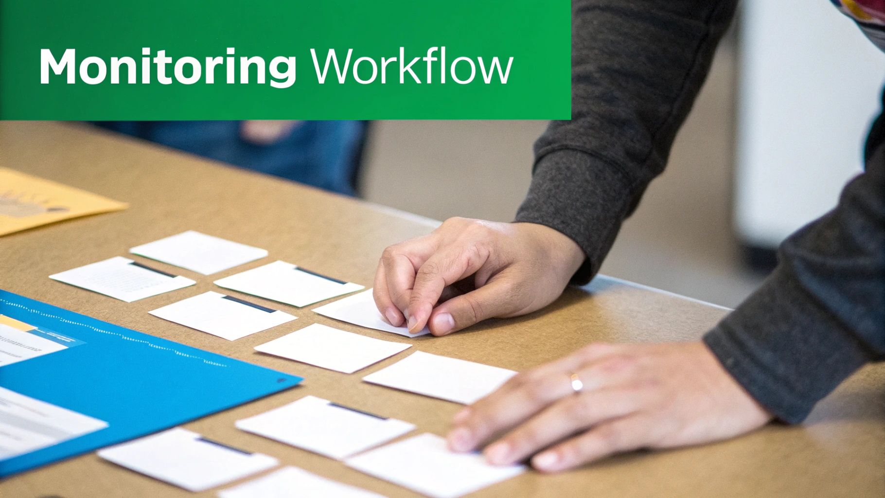 A person's hands arrange white cards on a wooden table with a blue folder, under a banner reading 'Monitoring Workflow'.