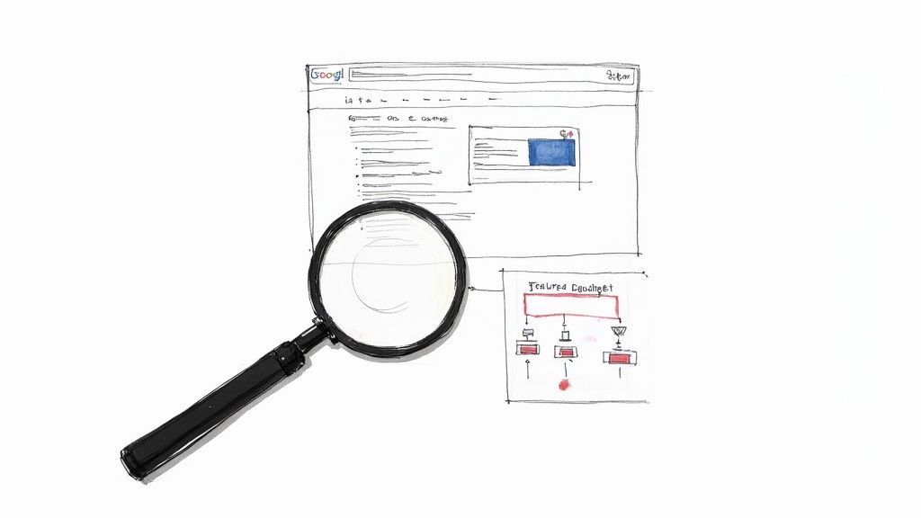 Hand-drawn Google search results page and a 'Featured Snippet' diagram, magnified by a loupe, symbolizing SEO research.
