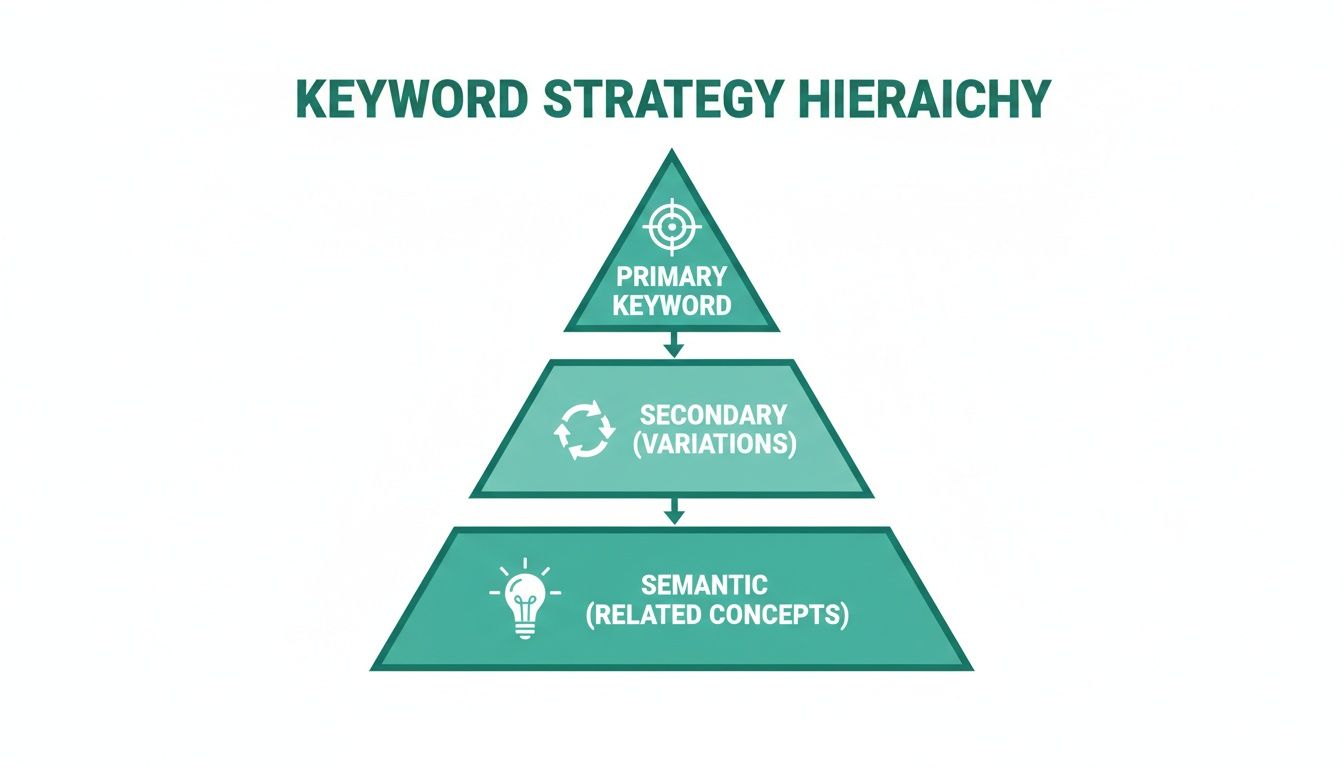 A diagram illustrating the keyword strategy hierarchy, including primary, secondary, and semantic keywords.