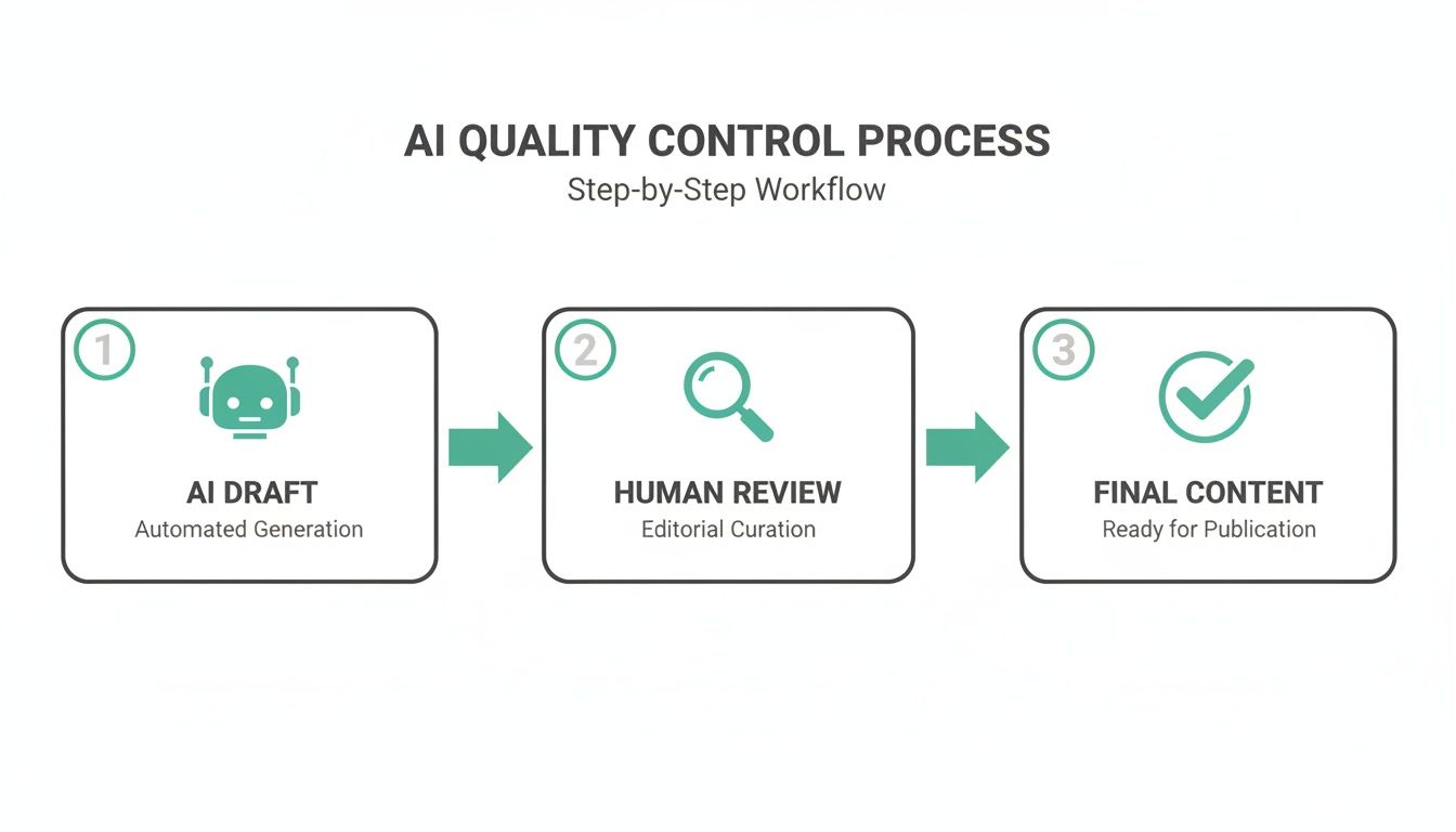 A workflow diagram showing the AI quality control process with steps: AI Draft, Human Review, and Final Content.
